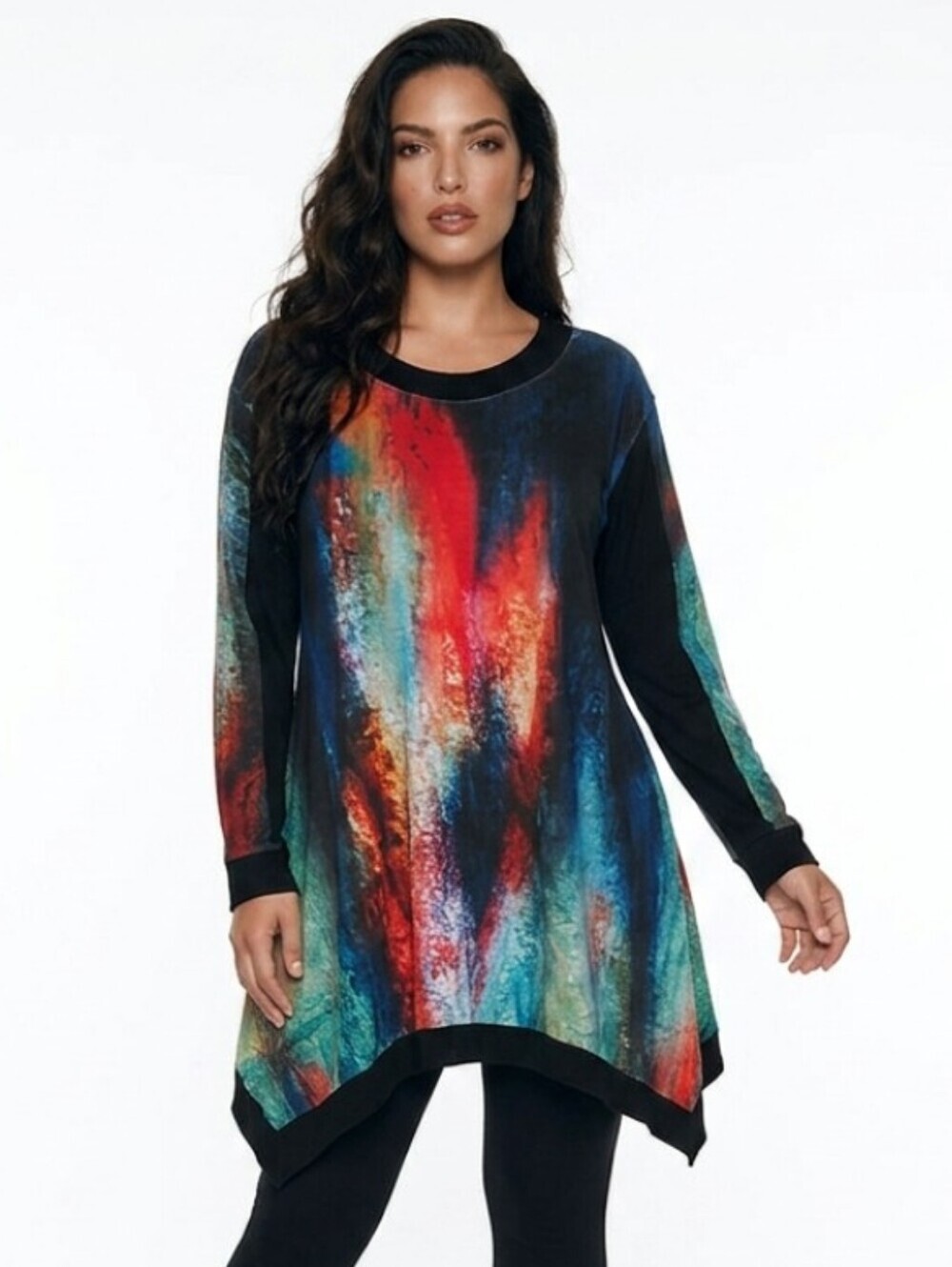 Jess & Jane Multicolored Scoop Neck  Asymmetrical Hem Long Sleeve Tunic Sz 3X